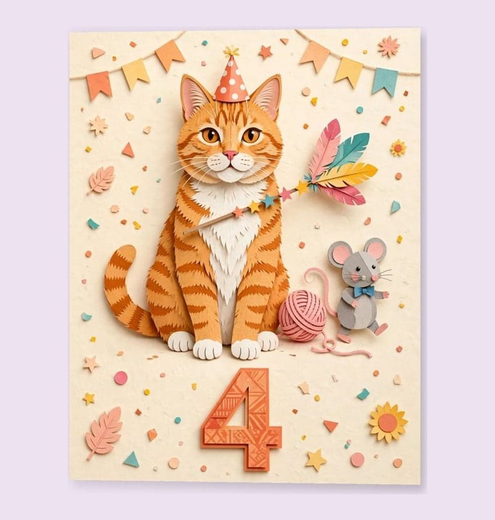 The pet leading a joyful parade of their favorite toys, wearing a small birthday hat, on a matte poster (example made with AI)