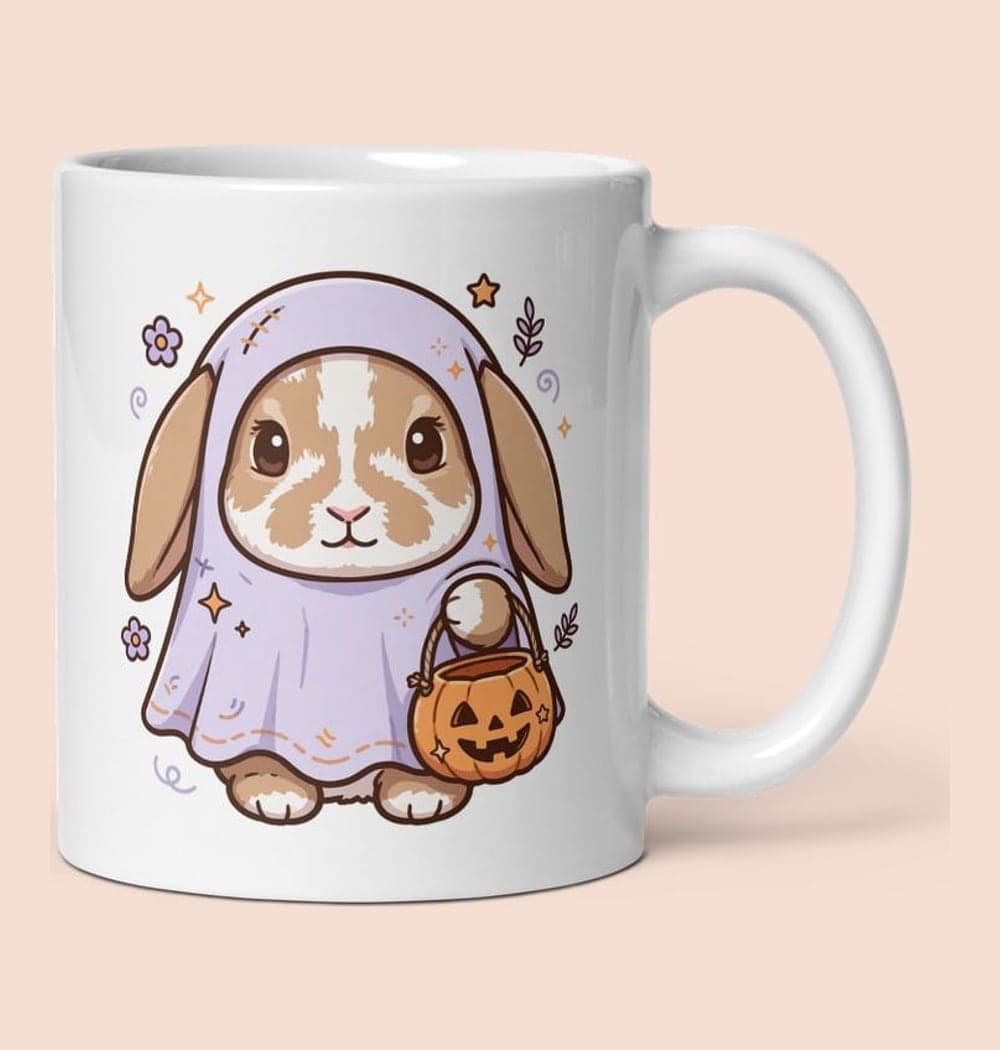 A friendly Halloween illustration of the pet in a loose ghost costume with their face and ears visible, holding a tiny pumpkin bucket, on a mug (example made with AI)
