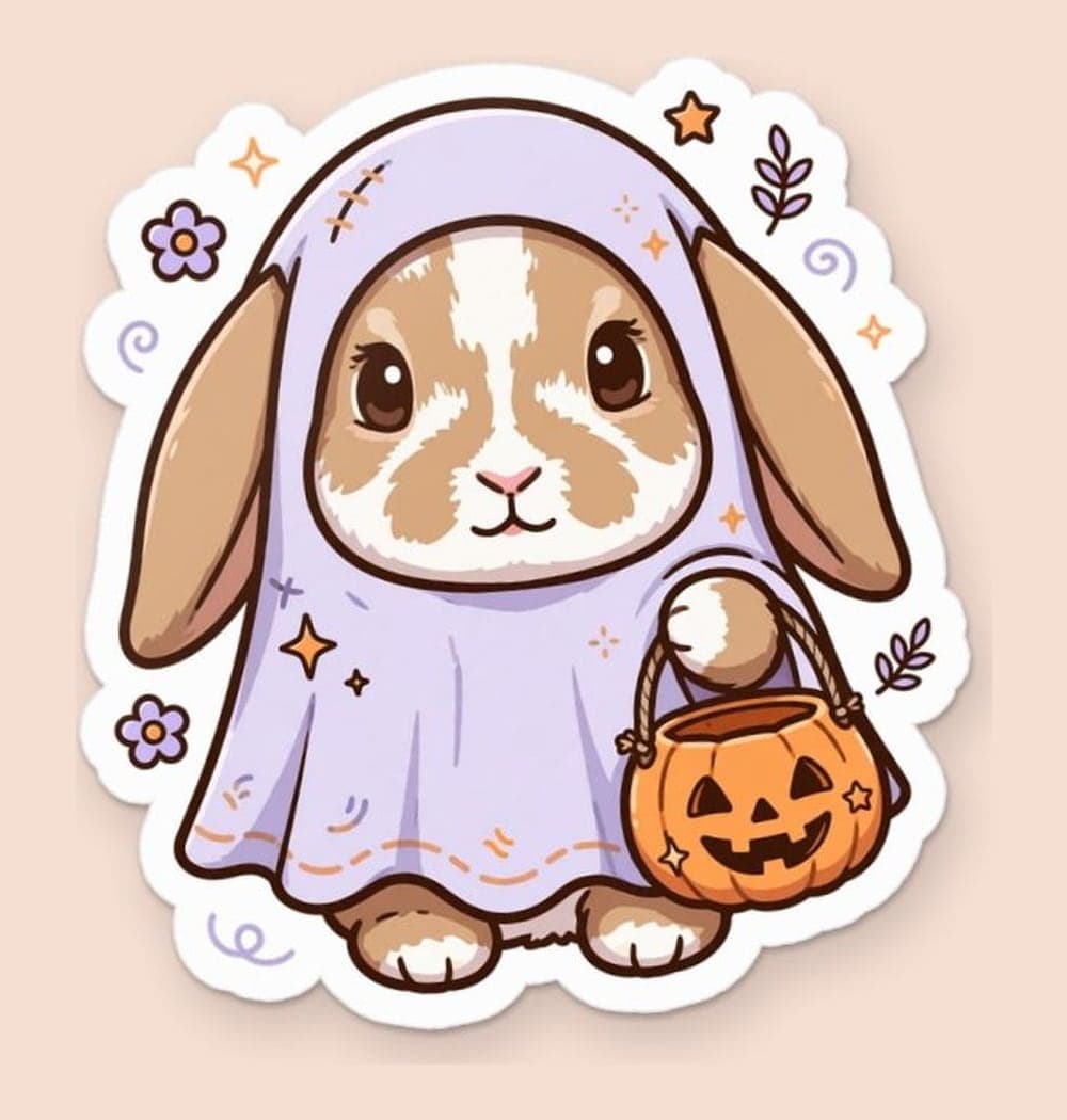 A friendly Halloween illustration of the pet in a loose ghost costume with their face and ears visible, holding a tiny pumpkin bucket, as a sticker (example made with AI)