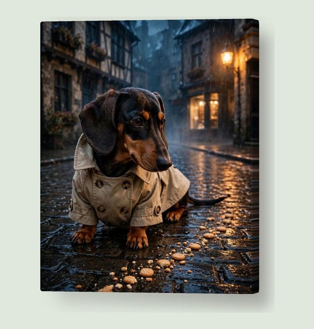 A charming detective investigating a trail of biscuit crumbs in a rainy old city, on a canvas (example made with AI)