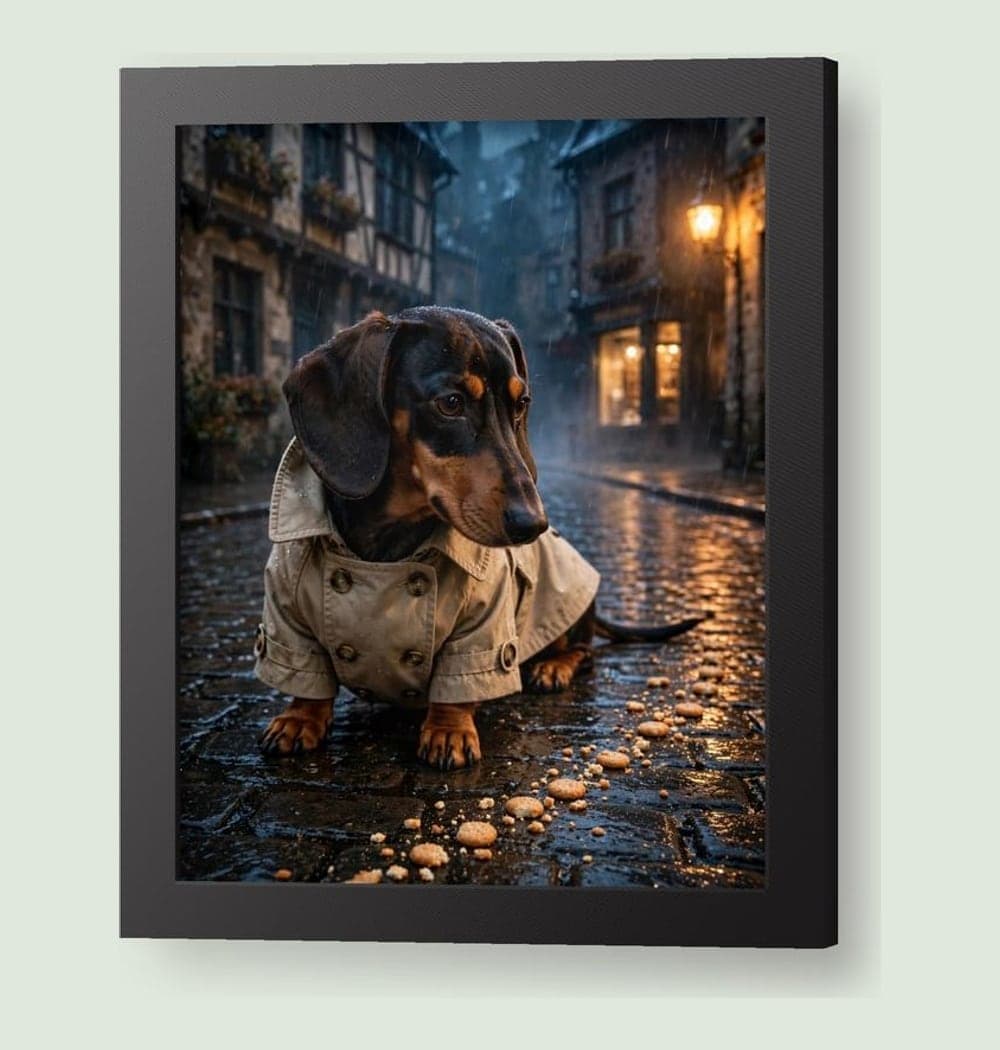 A charming detective investigating a trail of biscuit crumbs in a rainy old city, on a framed print (example made with AI)