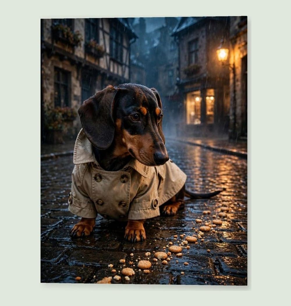 A charming detective investigating a trail of biscuit crumbs in a rainy old city, on a matte poster (example made with AI)