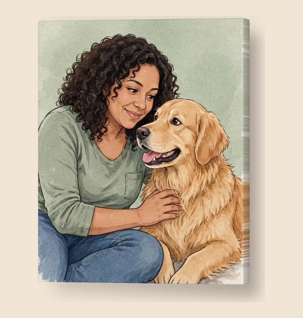 A warm illustrated portrait of the person and pet in the photos sitting together at eye level, gently leaning toward each other, on a canvas (example made with AI)