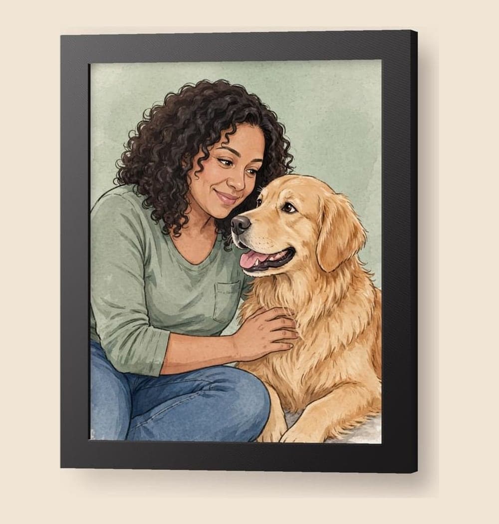 A warm illustrated portrait of the person and pet in the photos sitting together at eye level, gently leaning toward each other, on a framed print (example made with AI)