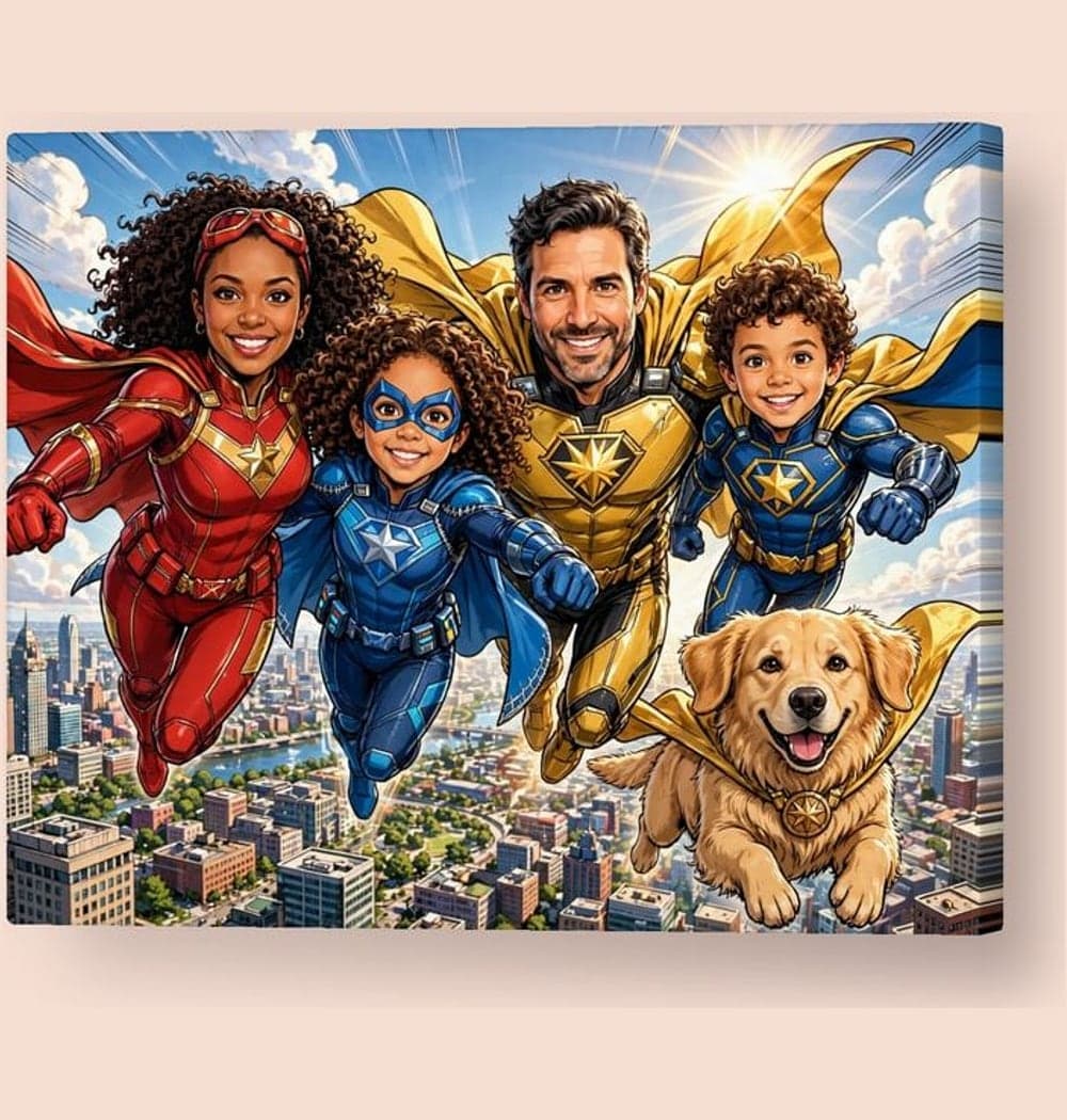 The family in the photos as a team of original superheroes, including any pets, on a canvas (example made with AI)