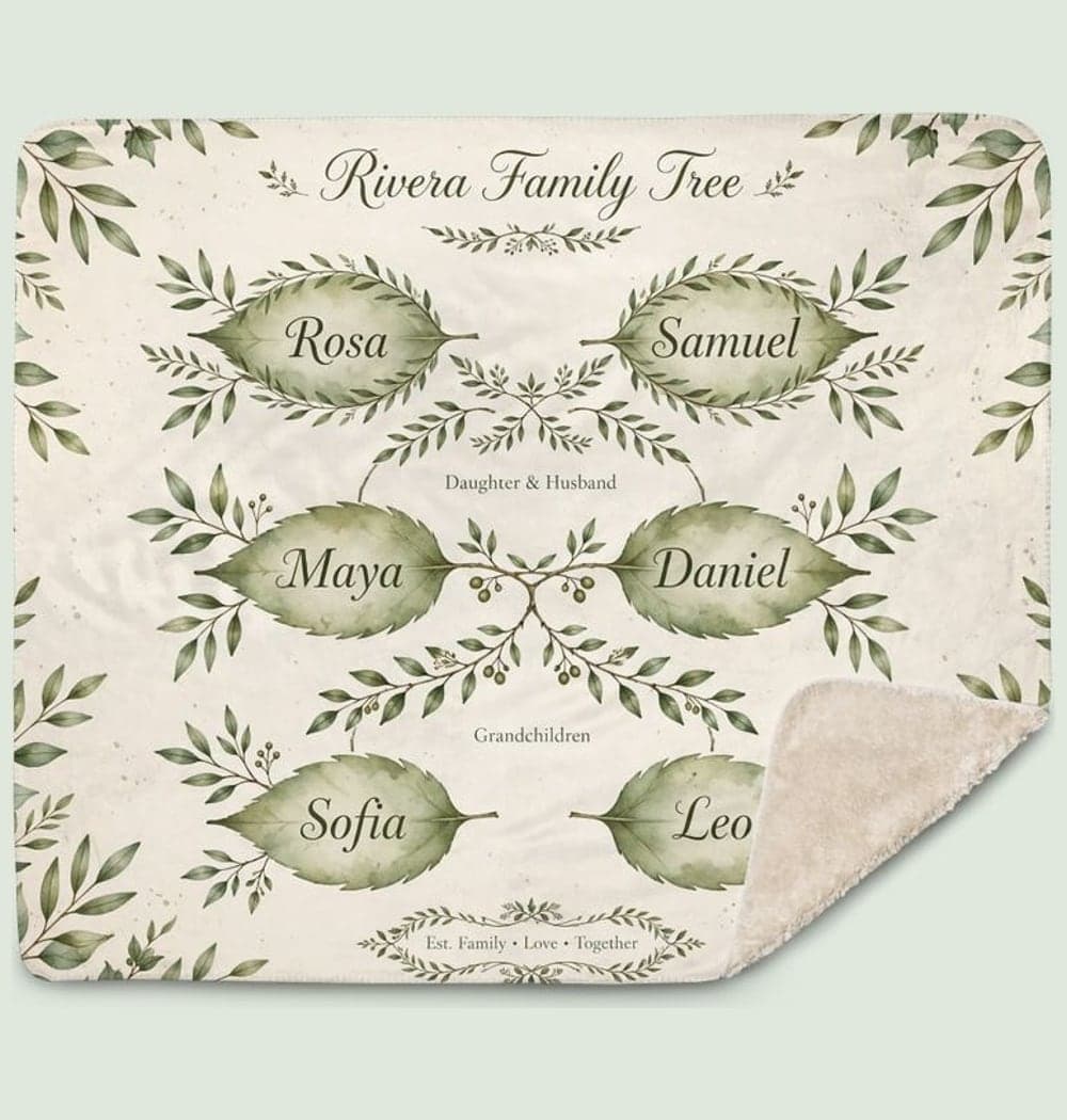 An elegant illustrated family tree with each supplied first name placed clearly inside a leaf or small branch plaque, on a blanket (example made with AI)