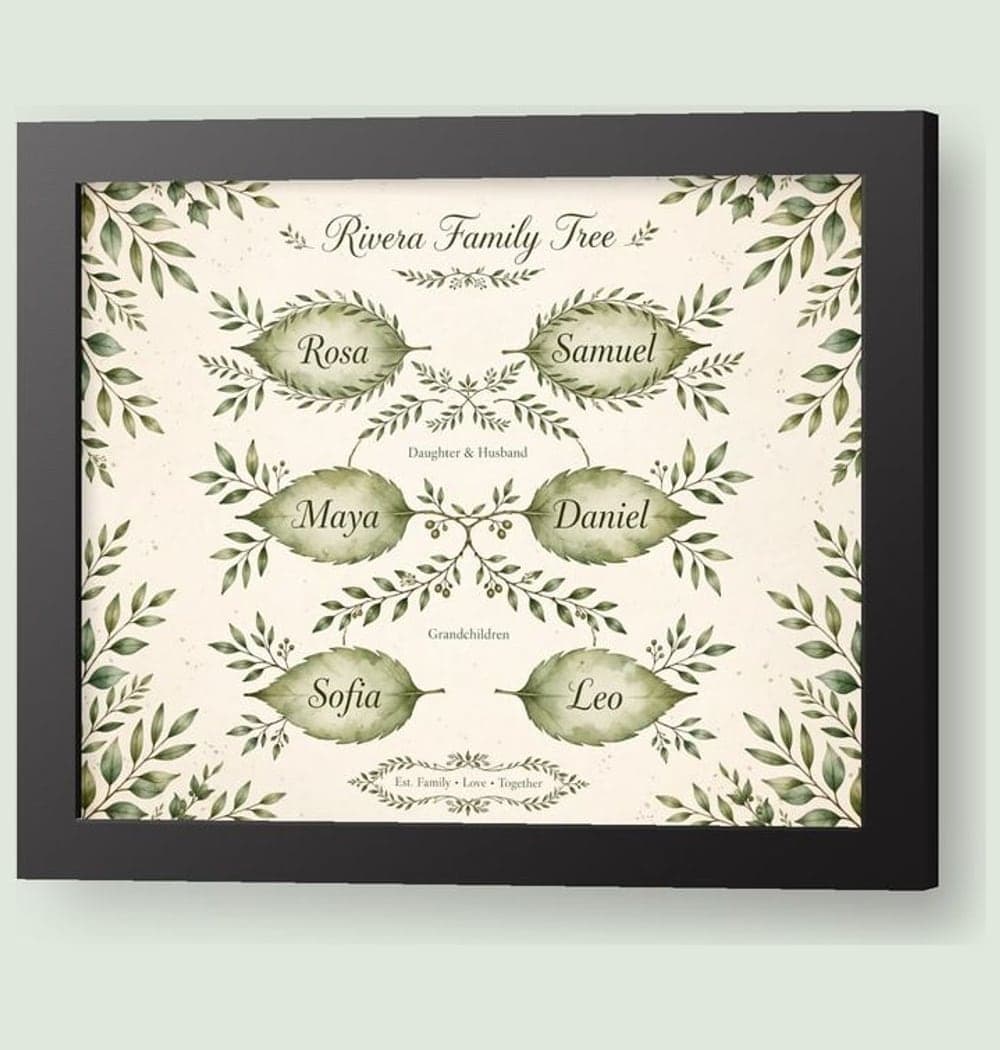 An elegant illustrated family tree with each supplied first name placed clearly inside a leaf or small branch plaque, on a framed print (example made with AI)