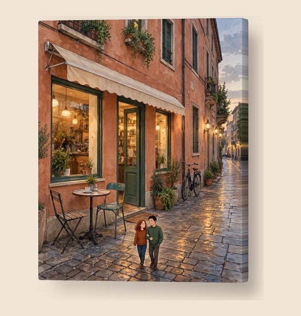 A romantic illustrated scene of the location where we met, using the reference photo or description, on a canvas (example made with AI)