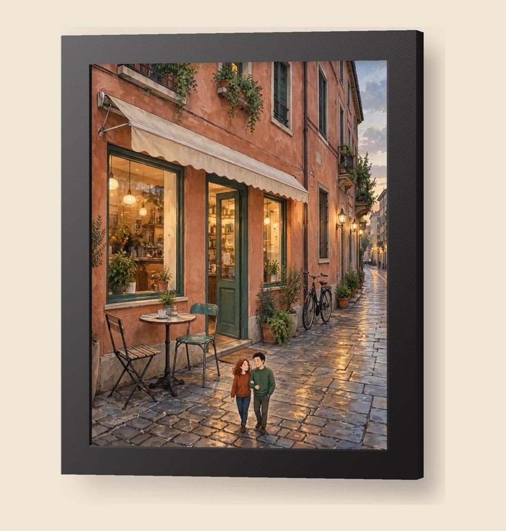 A romantic illustrated scene of the location where we met, using the reference photo or description, on a framed print (example made with AI)