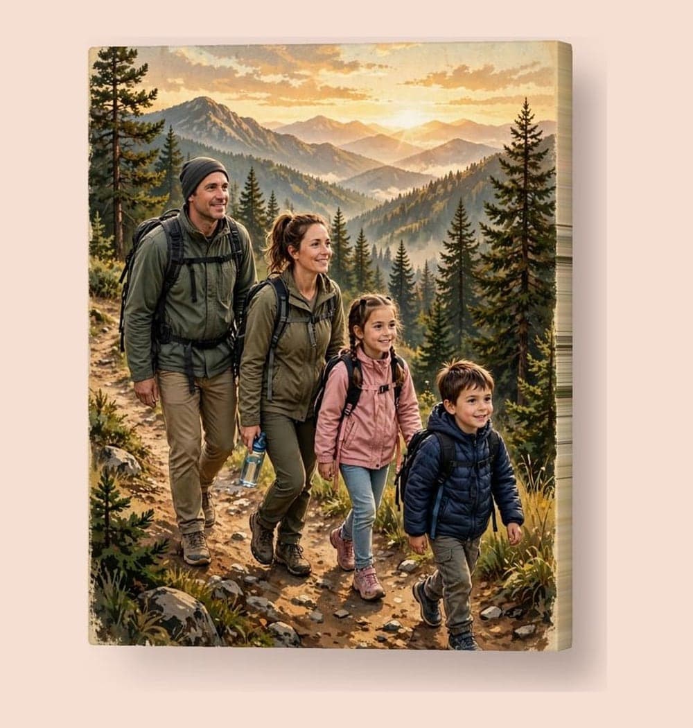 A vintage outdoor adventure poster showing Dad leading the group along a scenic trail, on a canvas (example made with AI)