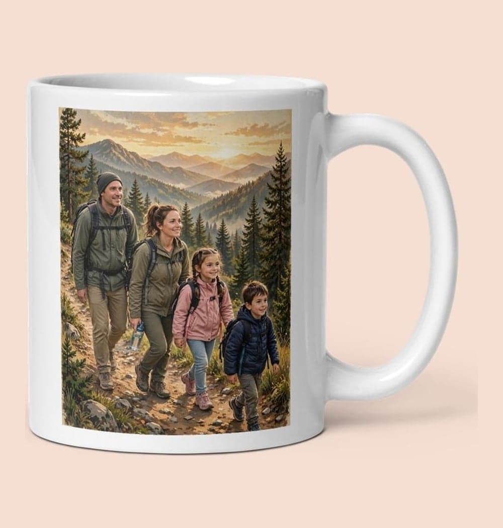A vintage outdoor adventure poster showing Dad leading the group along a scenic trail, on a mug (example made with AI)
