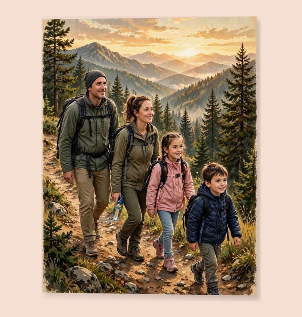 A vintage outdoor adventure poster showing Dad leading the group along a scenic trail, on a matte poster (example made with AI)