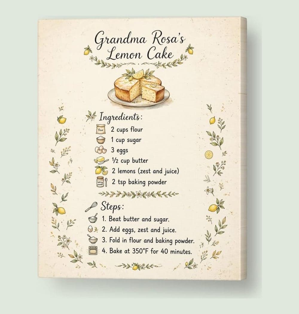An elegant illustrated recipe print using the exact supplied recipe text, on a canvas (example made with AI)