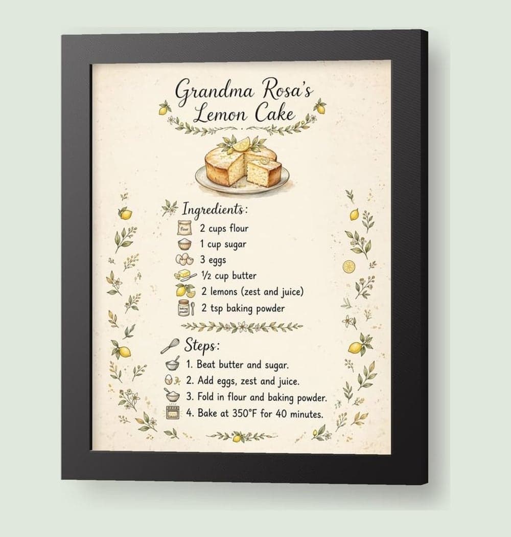An elegant illustrated recipe print using the exact supplied recipe text, on a framed print (example made with AI)