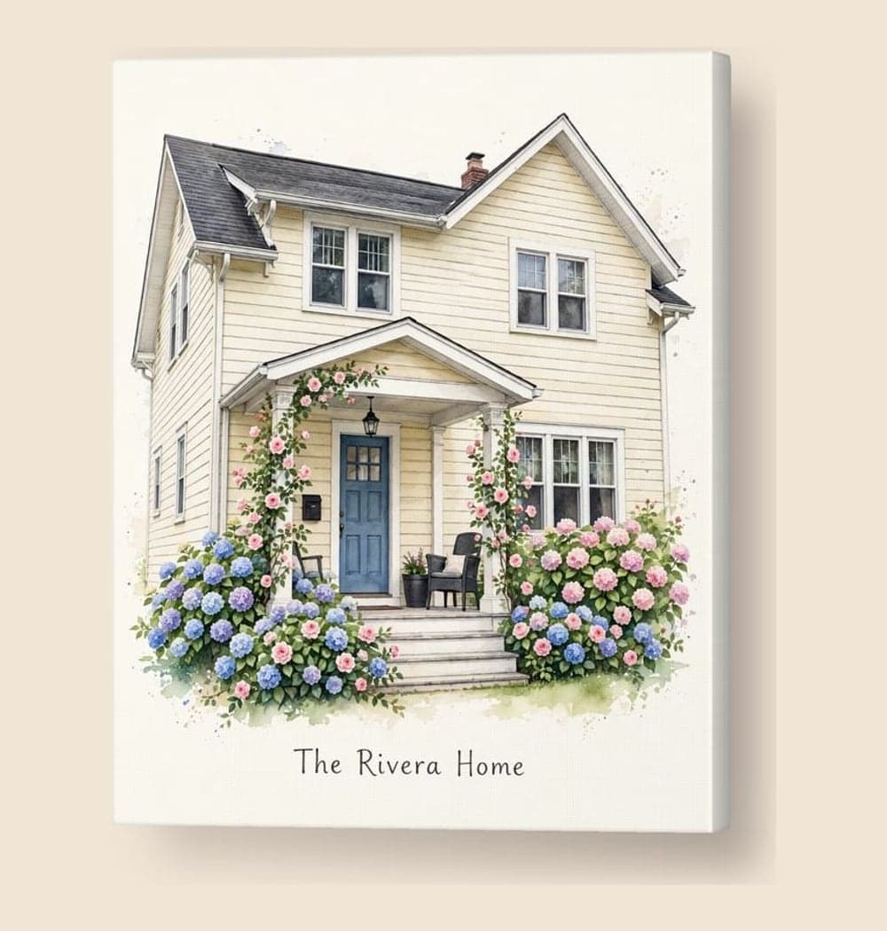 A charming watercolor portrait with seasonal flowers around the front door, on a canvas (example made with AI)