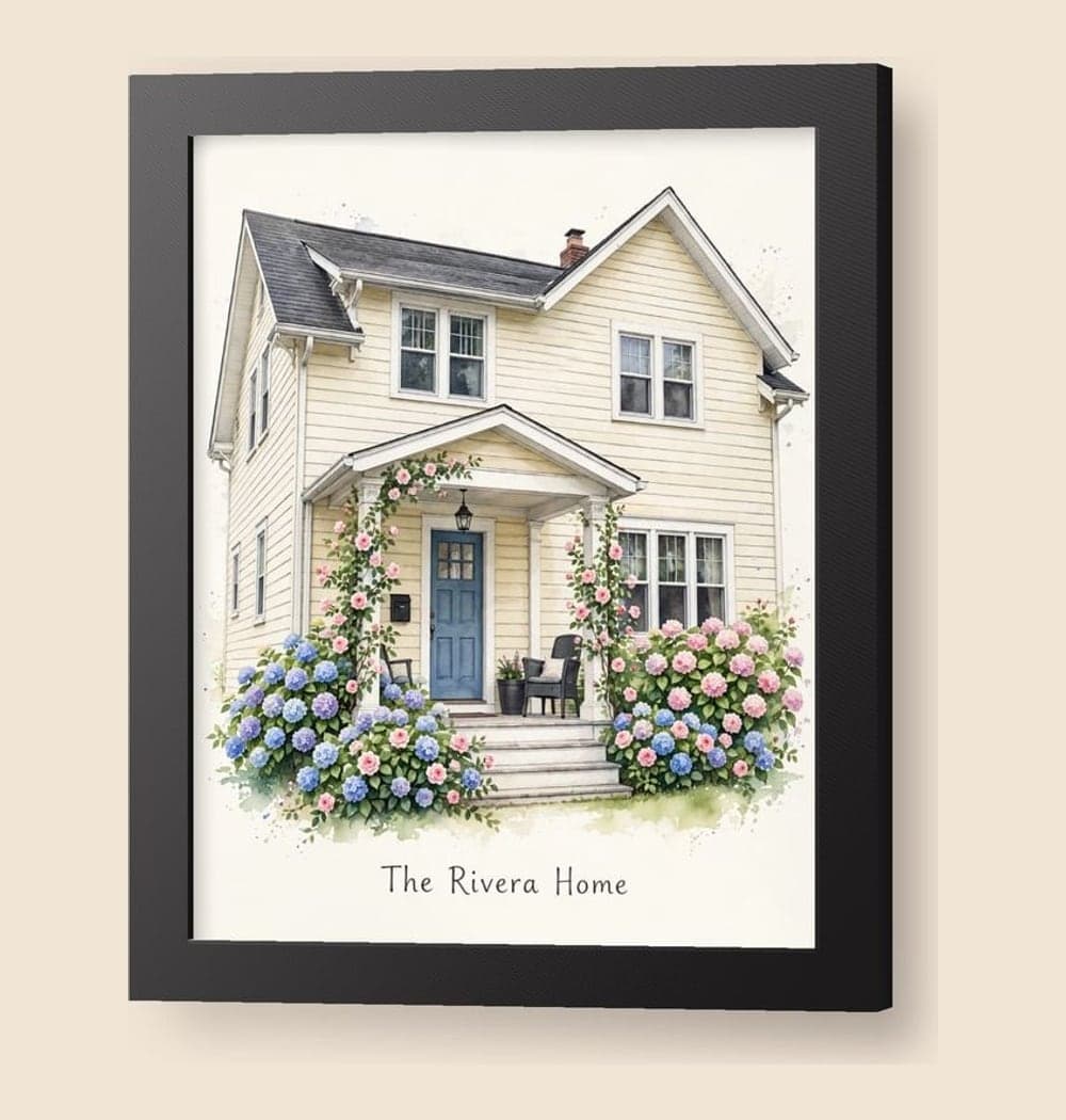 A charming watercolor portrait with seasonal flowers around the front door, on a framed print (example made with AI)
