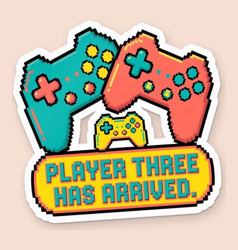 A cheerful original game-inspired emblem with two large controllers and one tiny controller between them, as a sticker (example made with AI)
