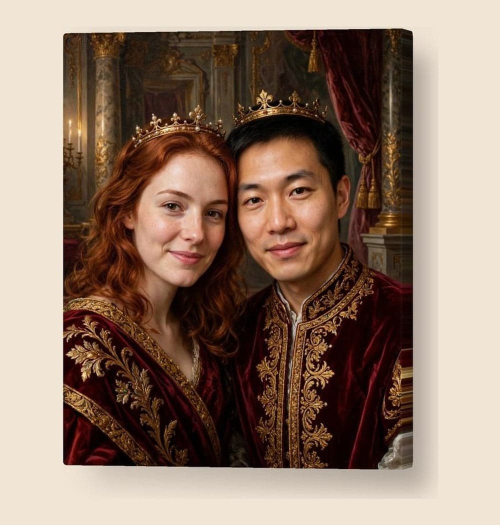 An ornate royal oil portrait with velvet robes, small crowns, and an elegant palace setting, on a canvas (example made with AI)