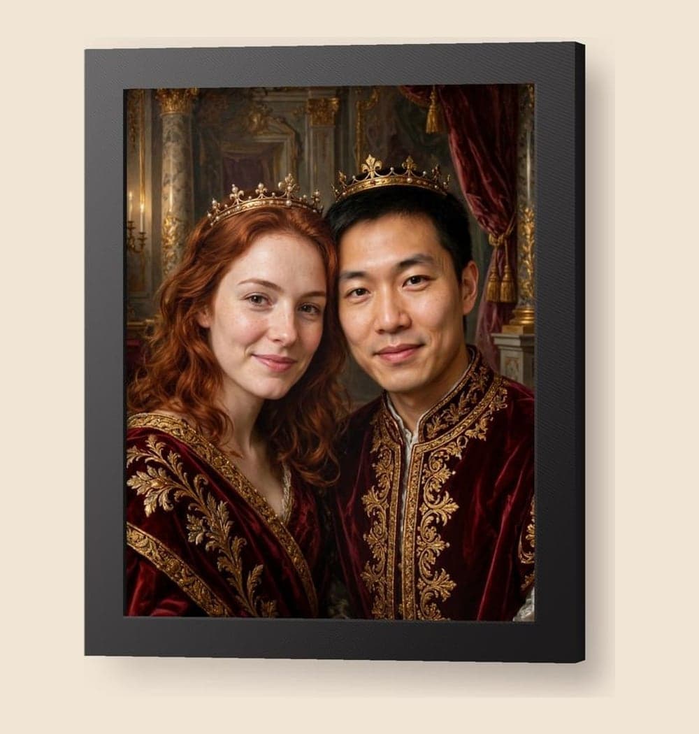 An ornate royal oil portrait with velvet robes, small crowns, and an elegant palace setting, on a framed print (example made with AI)