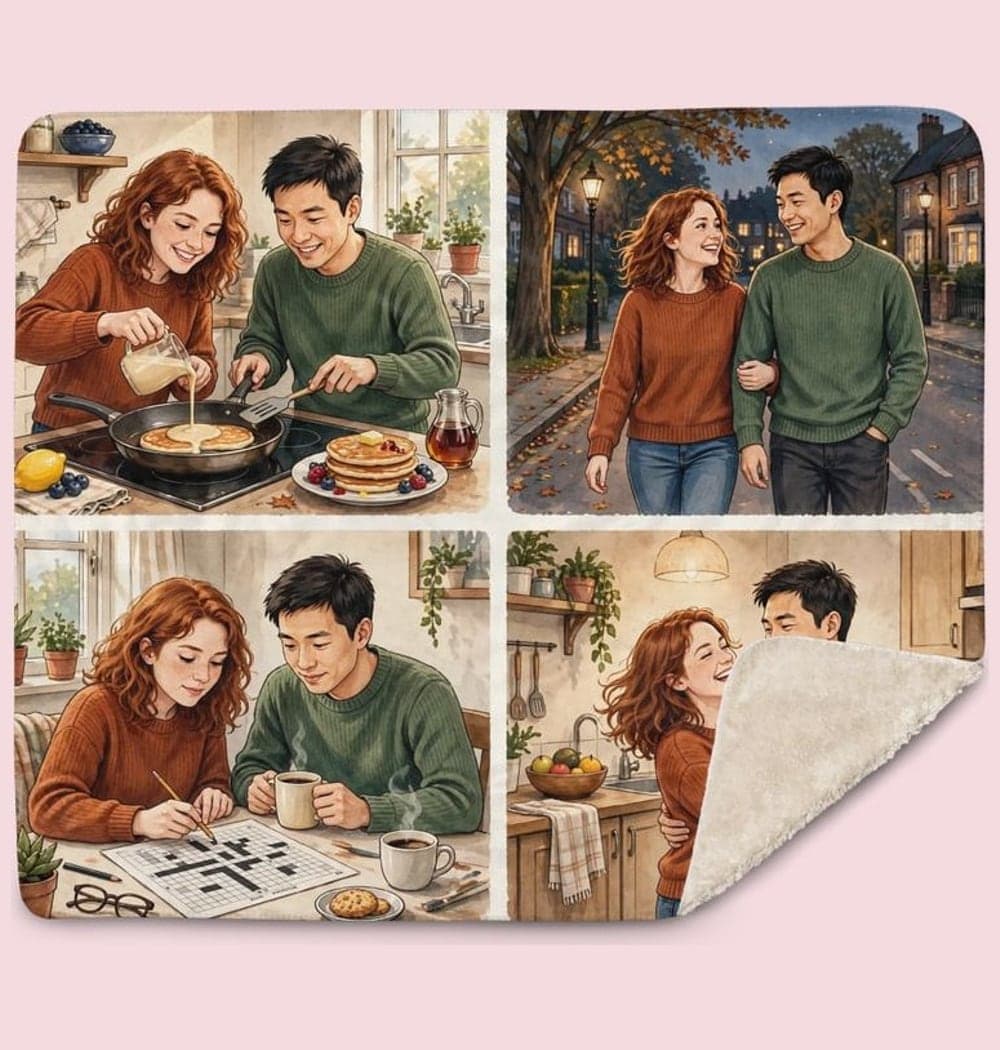 Four coordinated illustrated vignettes of the favorite shared routines, using the descriptions and photos, on a blanket (example made with AI)
