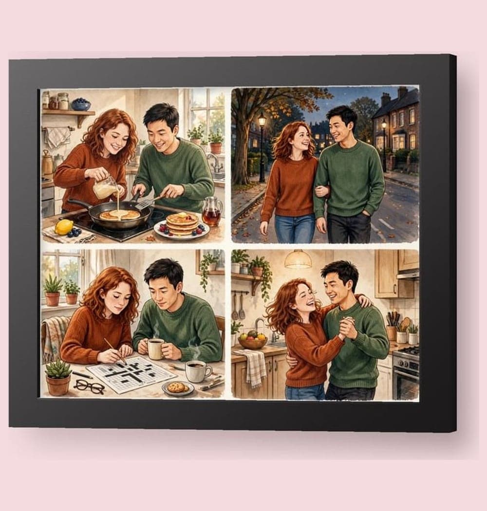 Four coordinated illustrated vignettes of the favorite shared routines, using the descriptions and photos, on a framed print (example made with AI)