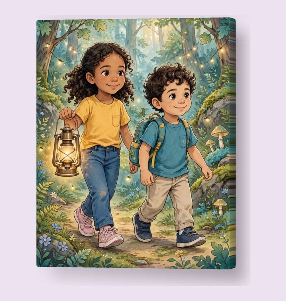 The two children in the photos as a friendly original adventure duo exploring a magical woodland, on a canvas (example made with AI)