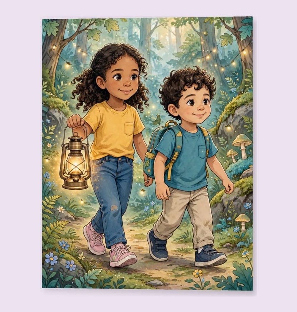 The two children in the photos as a friendly original adventure duo exploring a magical woodland, on a matte poster (example made with AI)