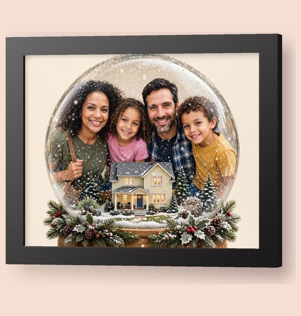 The family inside a beautifully illustrated snow globe with a miniature version of the home and gentle falling snow, on a framed print (example made with AI)