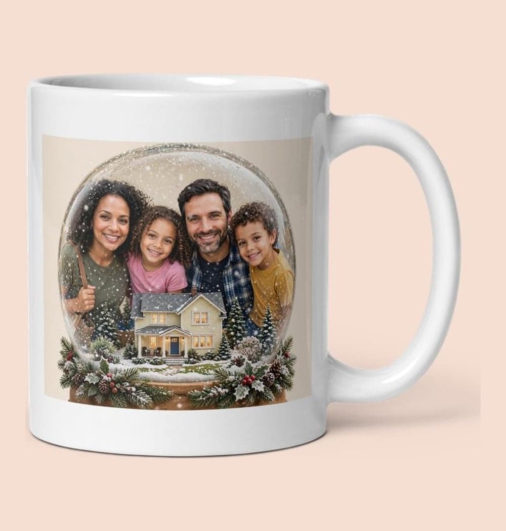 The family inside a beautifully illustrated snow globe with a miniature version of the home and gentle falling snow, on a mug (example made with AI)