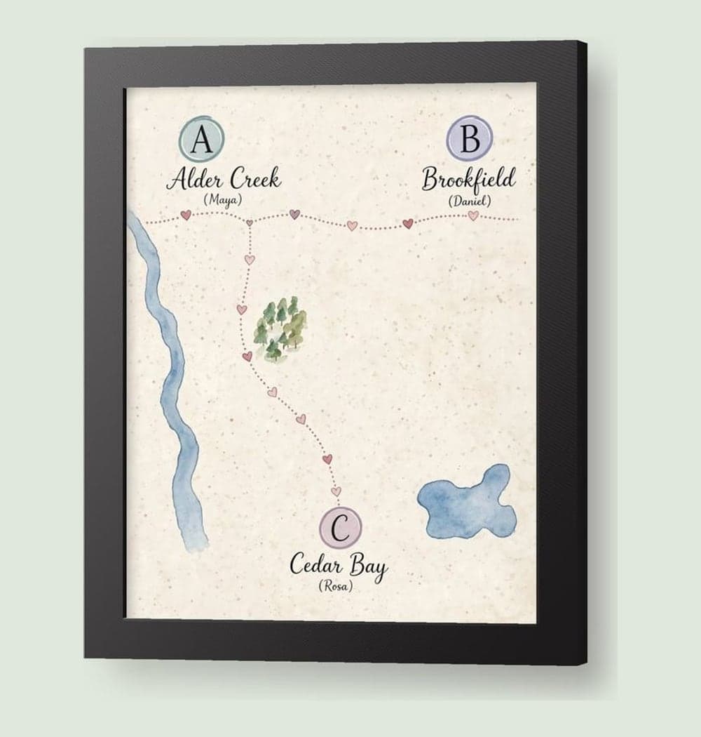 A delicate illustrated map connecting the supplied towns with a dotted route and small hearts, on a framed print (example made with AI)