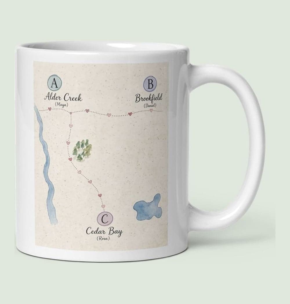 A delicate illustrated map connecting the supplied towns with a dotted route and small hearts, on a mug (example made with AI)