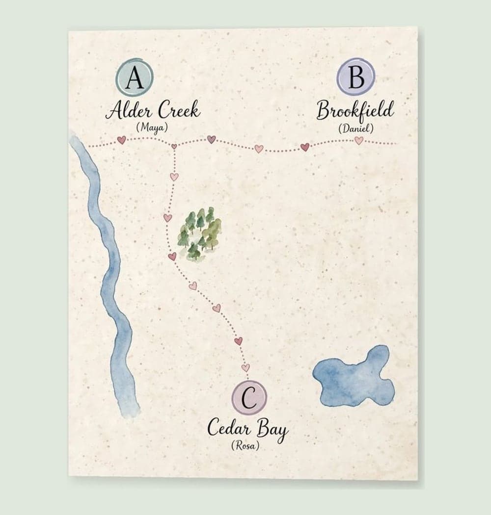 A delicate illustrated map connecting the supplied towns with a dotted route and small hearts, on a matte poster (example made with AI)