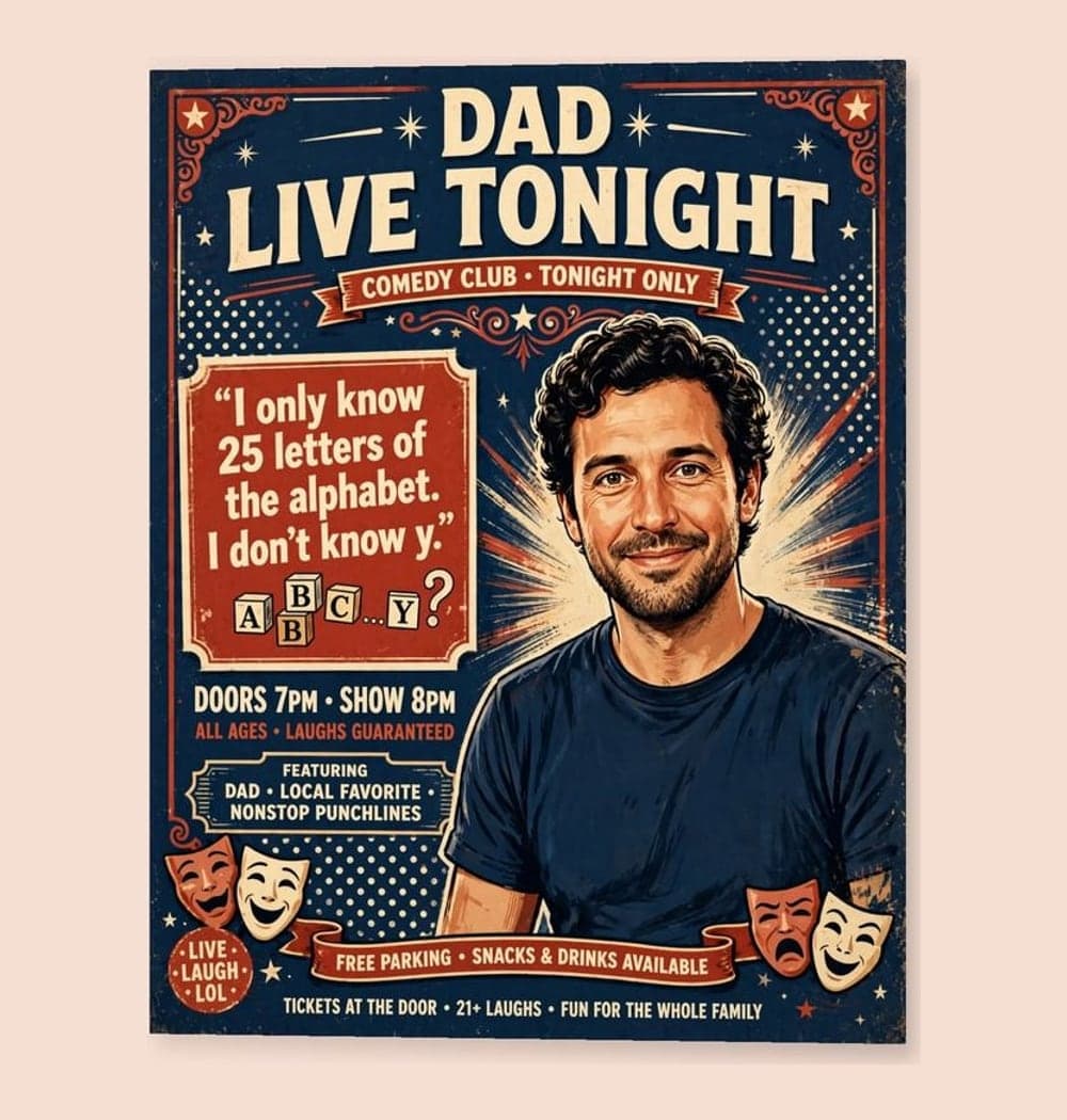A playful vintage comedy-club poster featuring Dad as the headline performer, using his photo for a recognizable illustrated portrait, on a matte poster (example made with AI)