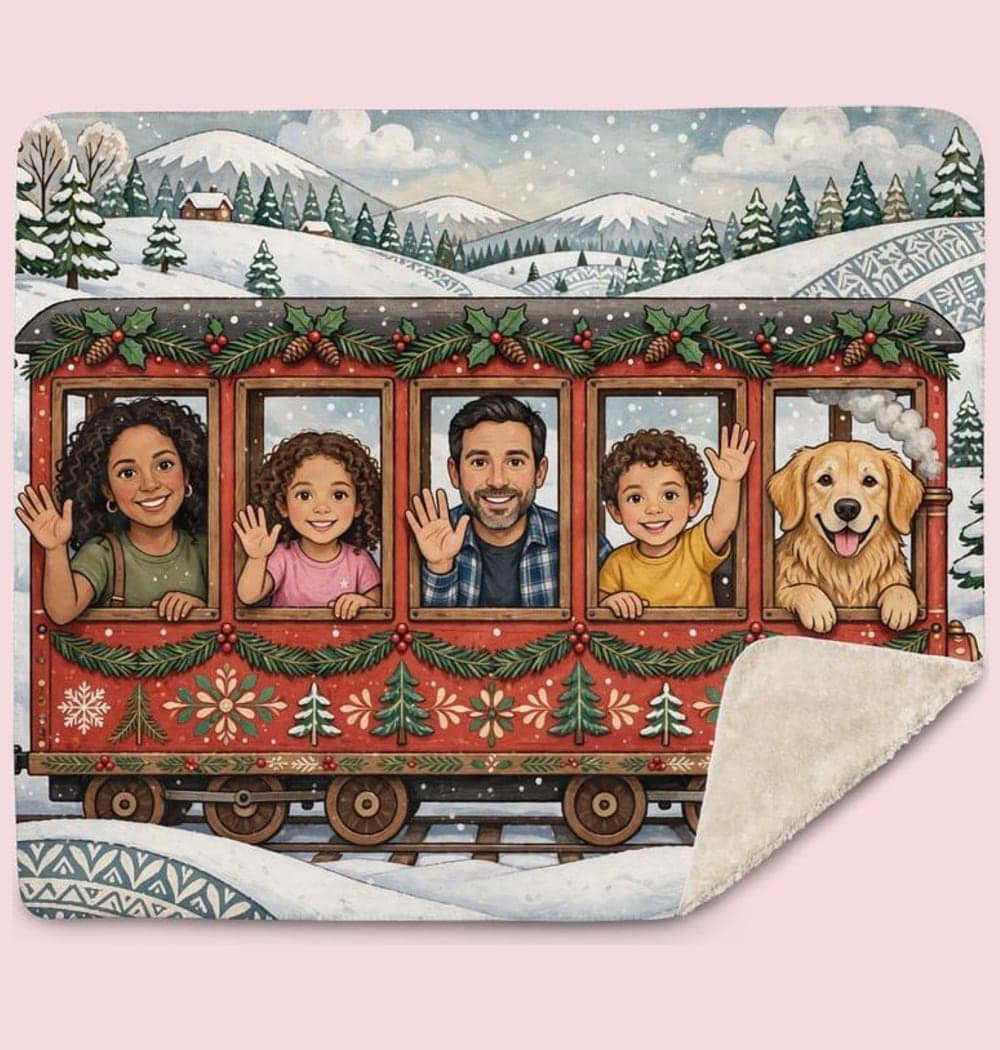 The family waving from the windows of a festive miniature train traveling through snowy hills, on a blanket (example made with AI)