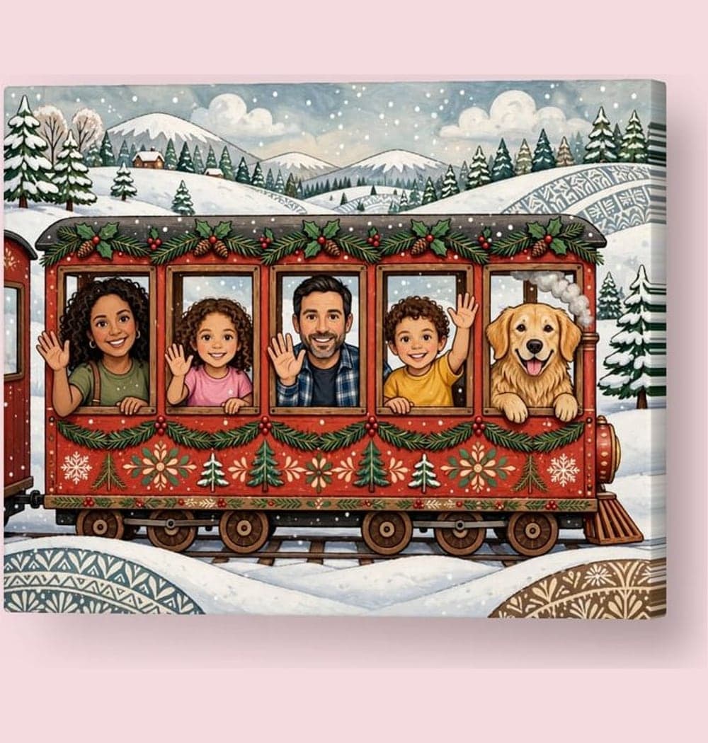 The family waving from the windows of a festive miniature train traveling through snowy hills, on a canvas (example made with AI)