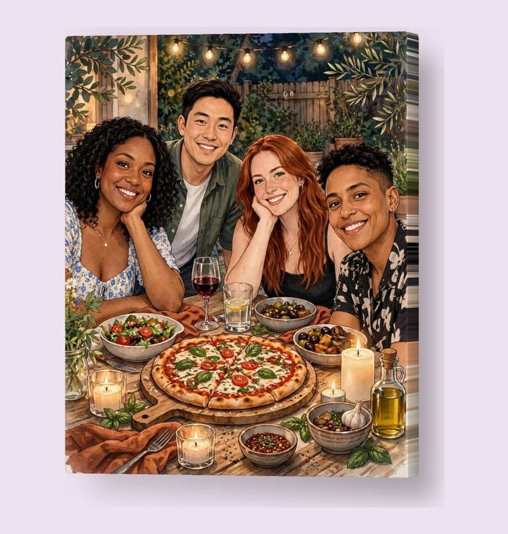 A warm group portrait of the friends gathered around a shared dinner table, using the supplied photos, on a canvas (example made with AI)