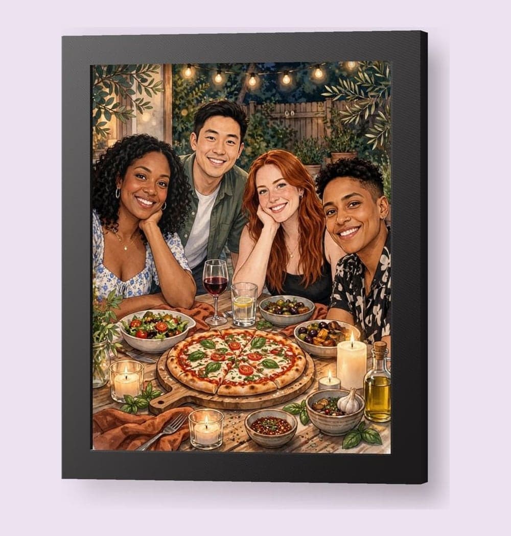 A warm group portrait of the friends gathered around a shared dinner table, using the supplied photos, on a framed print (example made with AI)