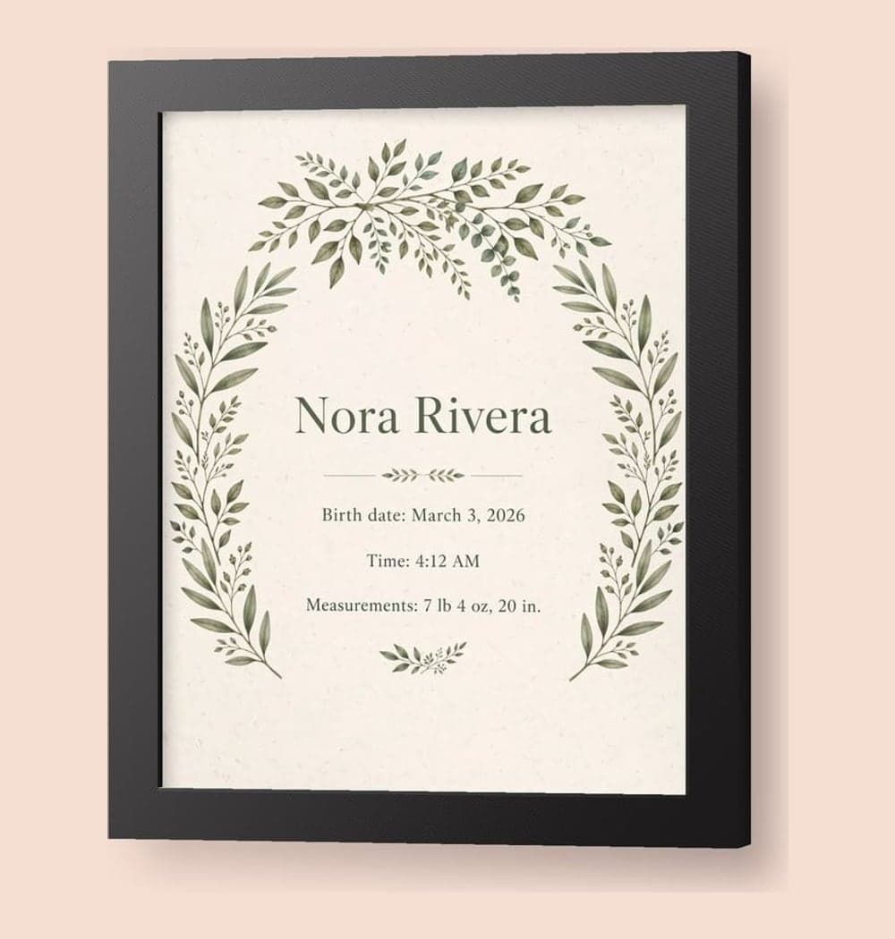 A refined botanical birth announcement with a small leafy branch framing the exact supplied baby name, birth date, time, and measurements, on a framed print (example made with AI)