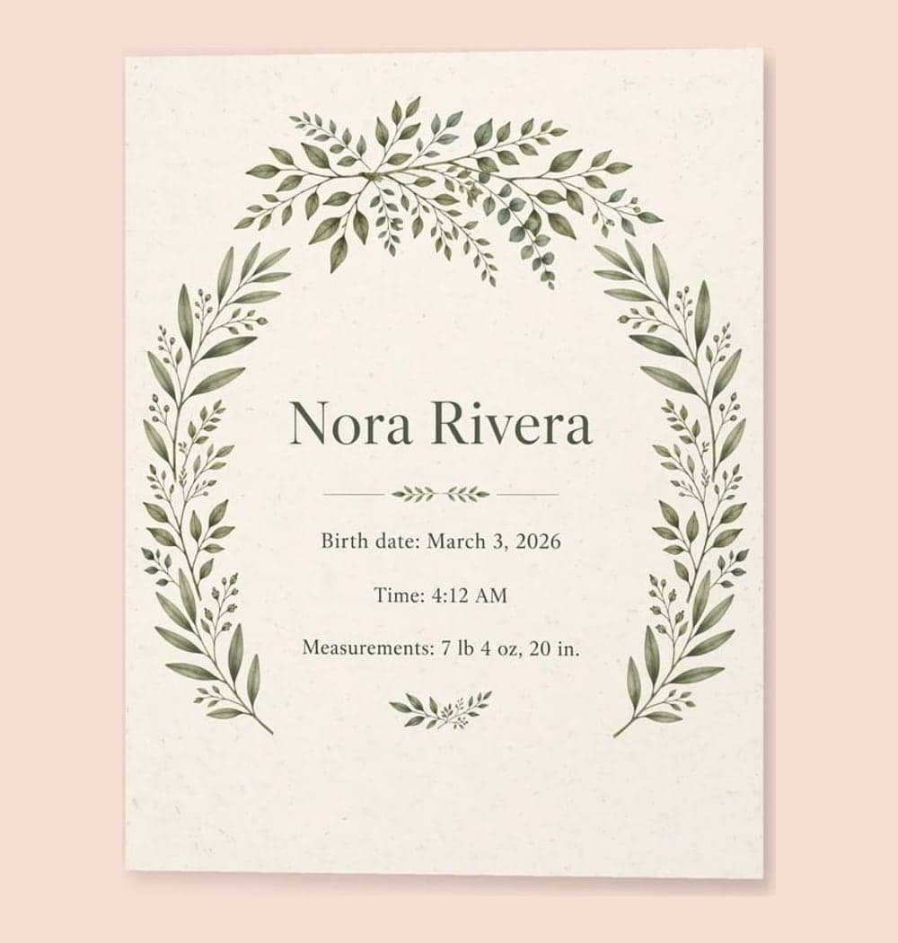 A refined botanical birth announcement with a small leafy branch framing the exact supplied baby name, birth date, time, and measurements, on a matte poster (example made with AI)
