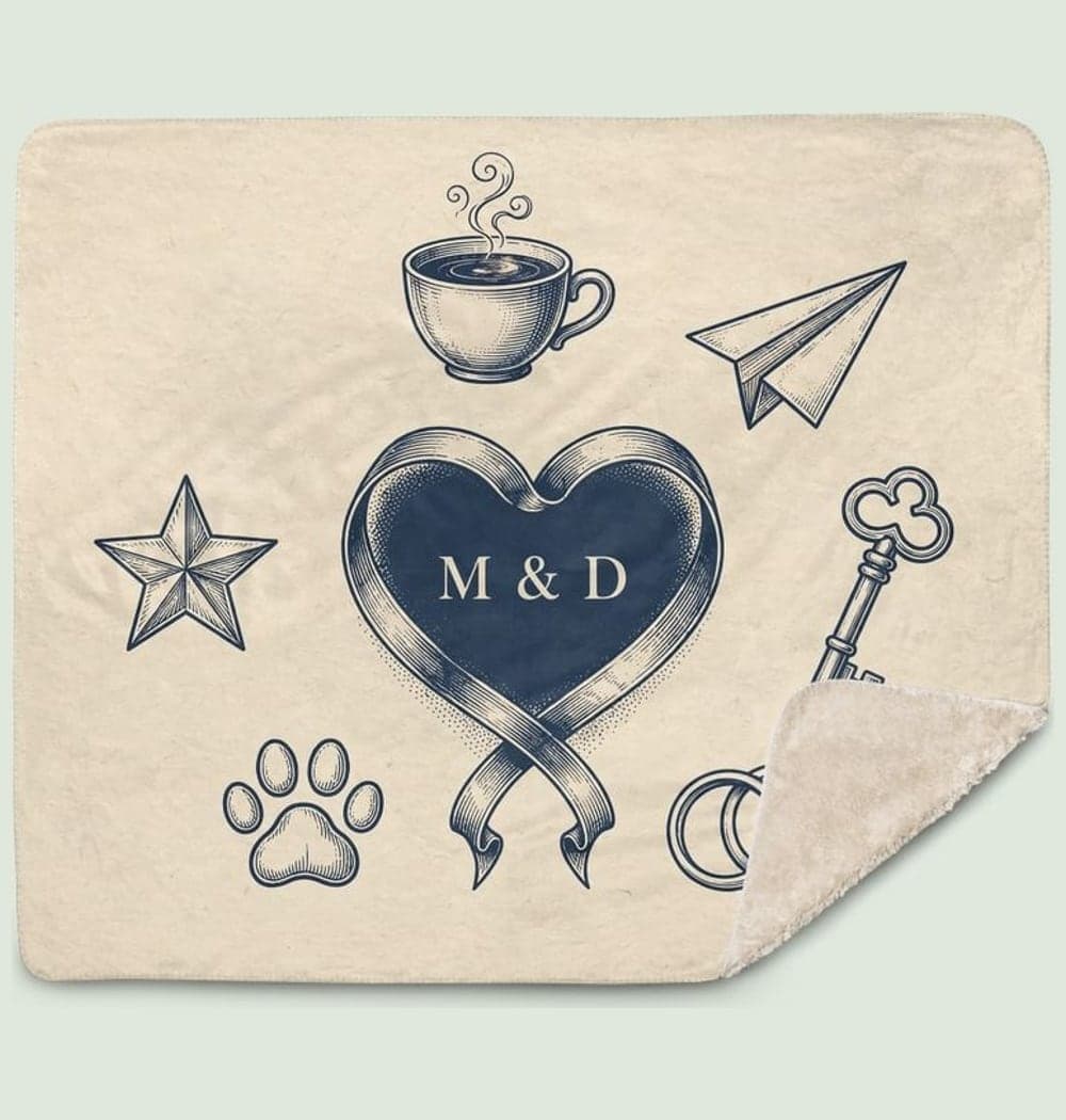 An elegant composition of six illustrated symbols representing the important chapters of the relationship, on a blanket (example made with AI)