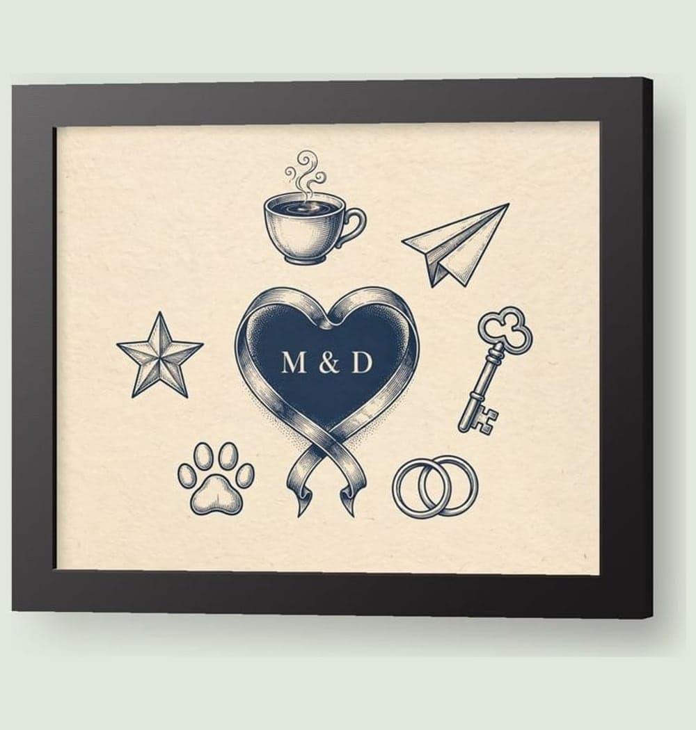 An elegant composition of six illustrated symbols representing the important chapters of the relationship, on a framed print (example made with AI)