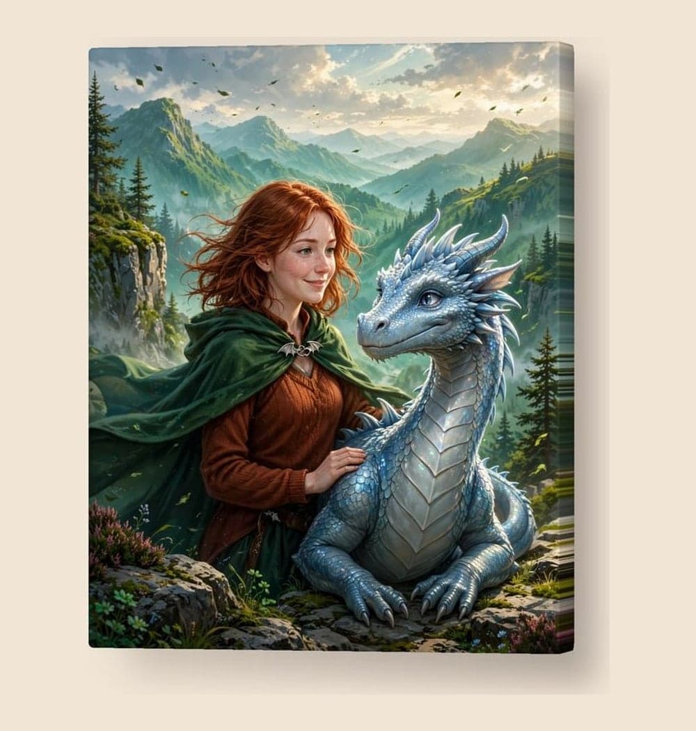 A friendly dragon rider standing beside an original, gentle dragon on a windswept cliff, on a canvas (example made with AI)