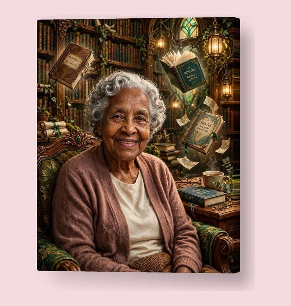 The person in the photo as the keeper of a vast magical library, with floating books and warm lanterns, on a canvas (example made with AI)