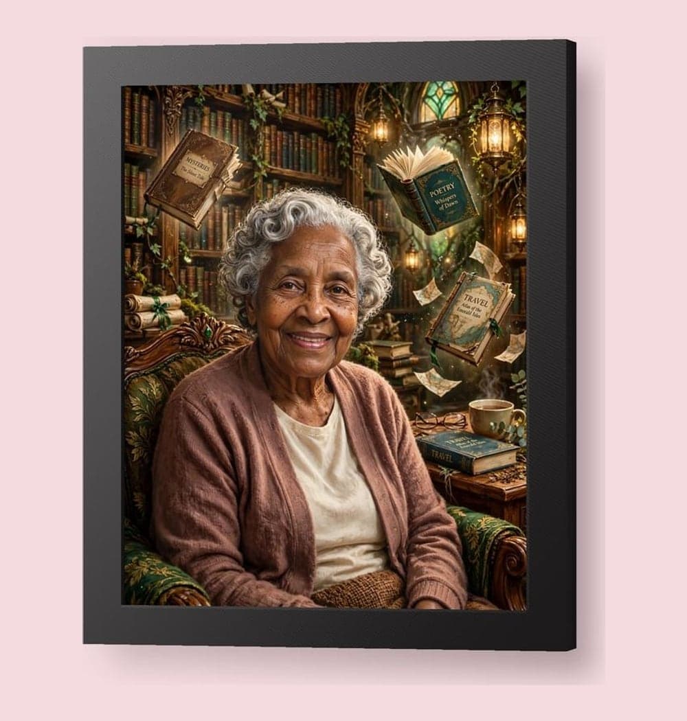 The person in the photo as the keeper of a vast magical library, with floating books and warm lanterns, on a framed print (example made with AI)