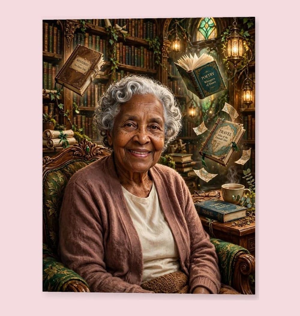 The person in the photo as the keeper of a vast magical library, with floating books and warm lanterns, on a matte poster (example made with AI)