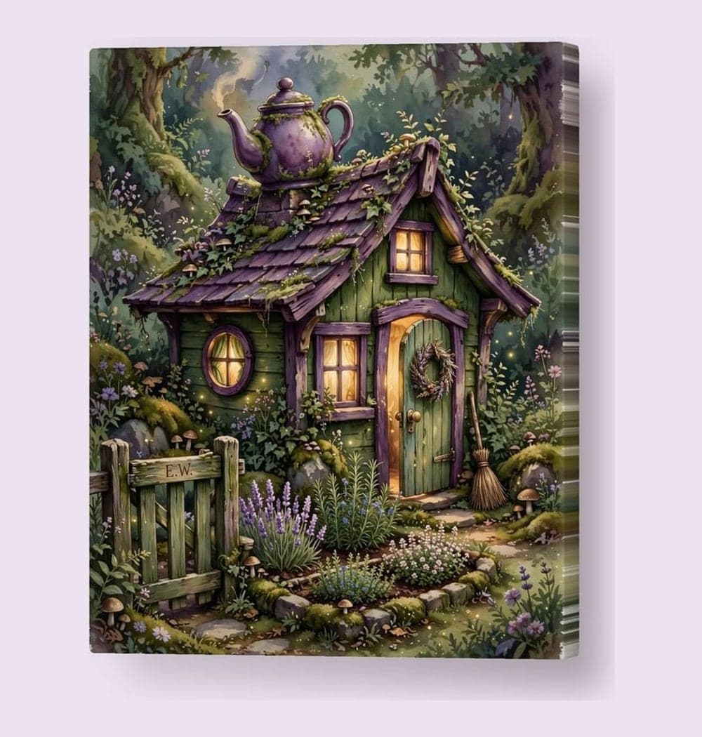A cozy woodland witch's cottage with a teapot chimney, herb garden, glowing windows, and a tiny broom by the door, on a canvas (example made with AI)