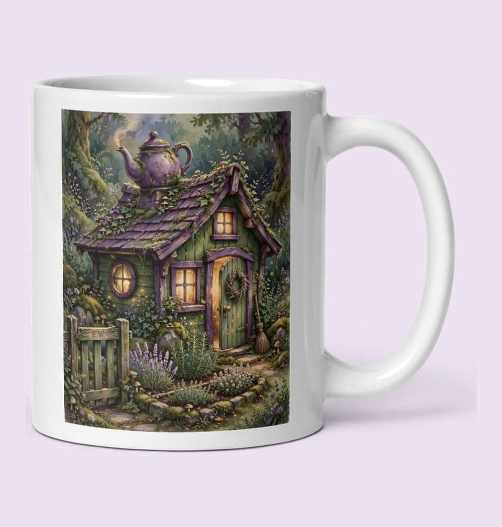 A cozy woodland witch's cottage with a teapot chimney, herb garden, glowing windows, and a tiny broom by the door, on a mug (example made with AI)