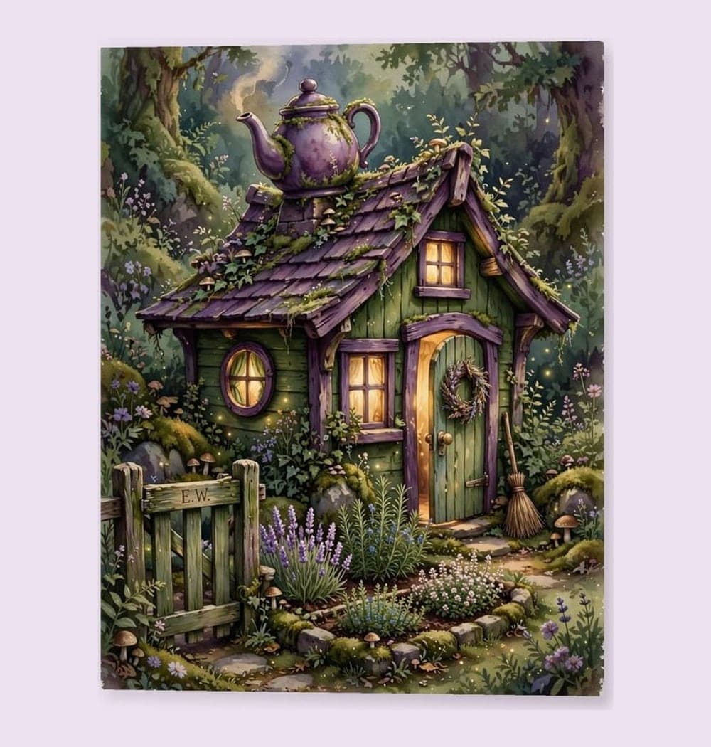 A cozy woodland witch's cottage with a teapot chimney, herb garden, glowing windows, and a tiny broom by the door, on a matte poster (example made with AI)