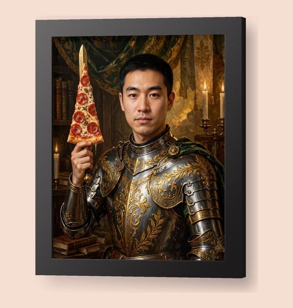 A noble knight holding a pizza slice like a ceremonial sword, on a framed print (example made with AI)