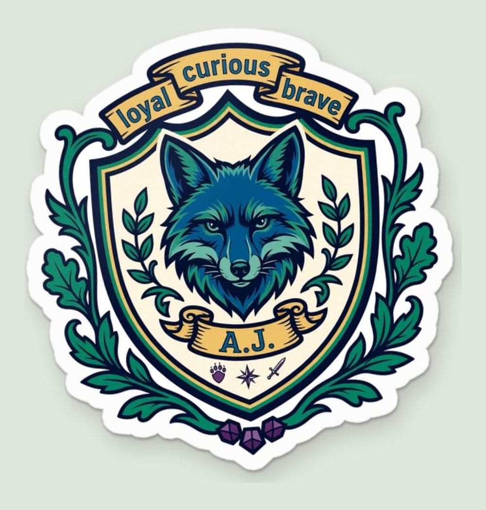 An original fantasy guild crest based on the three chosen traits, favorite animal, and initials, as a sticker (example made with AI)